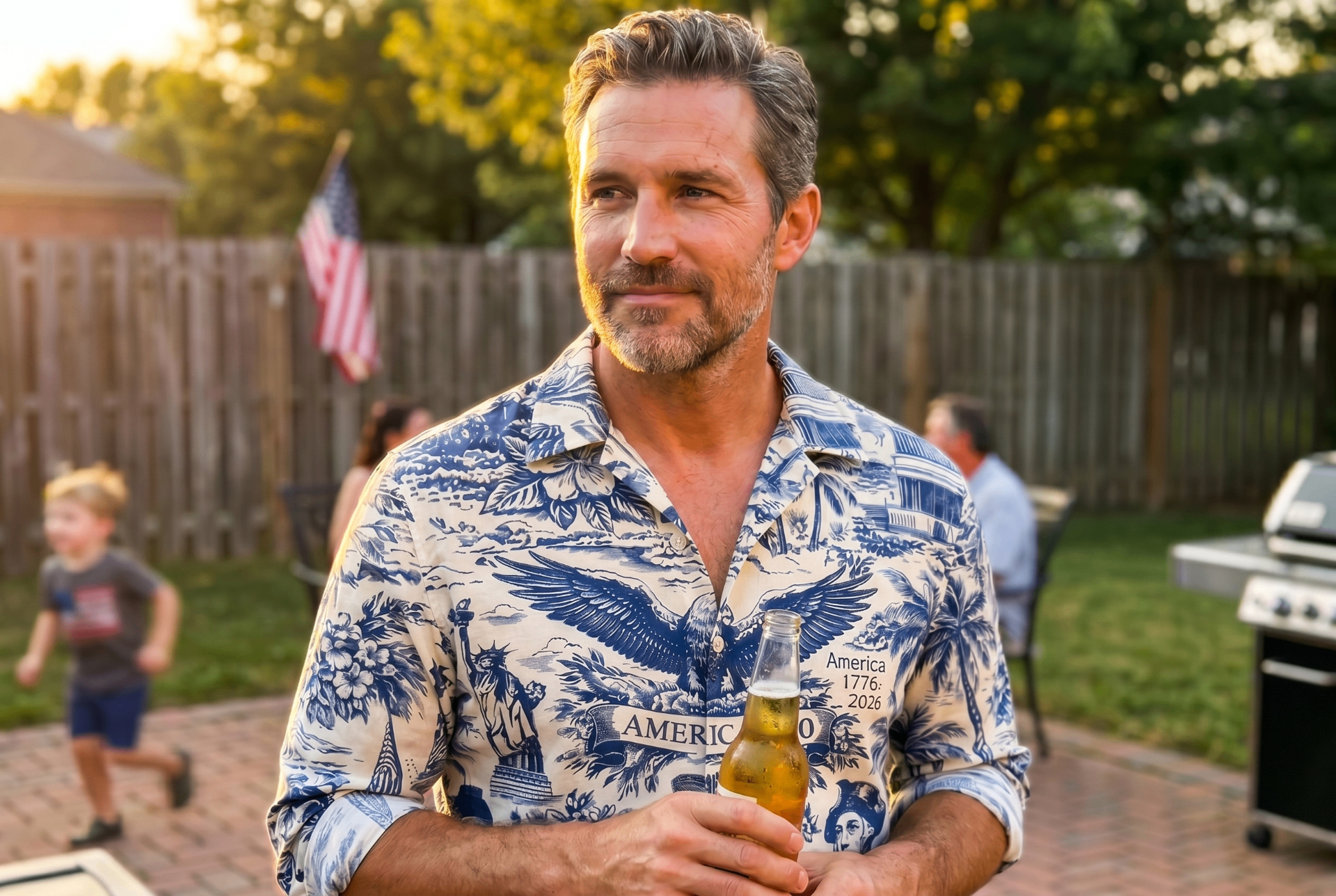Man in his 40s wearing the America 250 blue toile-print button-down at a backyard cookout, holding a beer, golden hour lighting